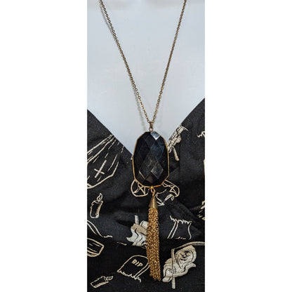 Black Faceted Stone Tassel Necklace Gold Tone Statement Pendant Boho Glam Jewelry