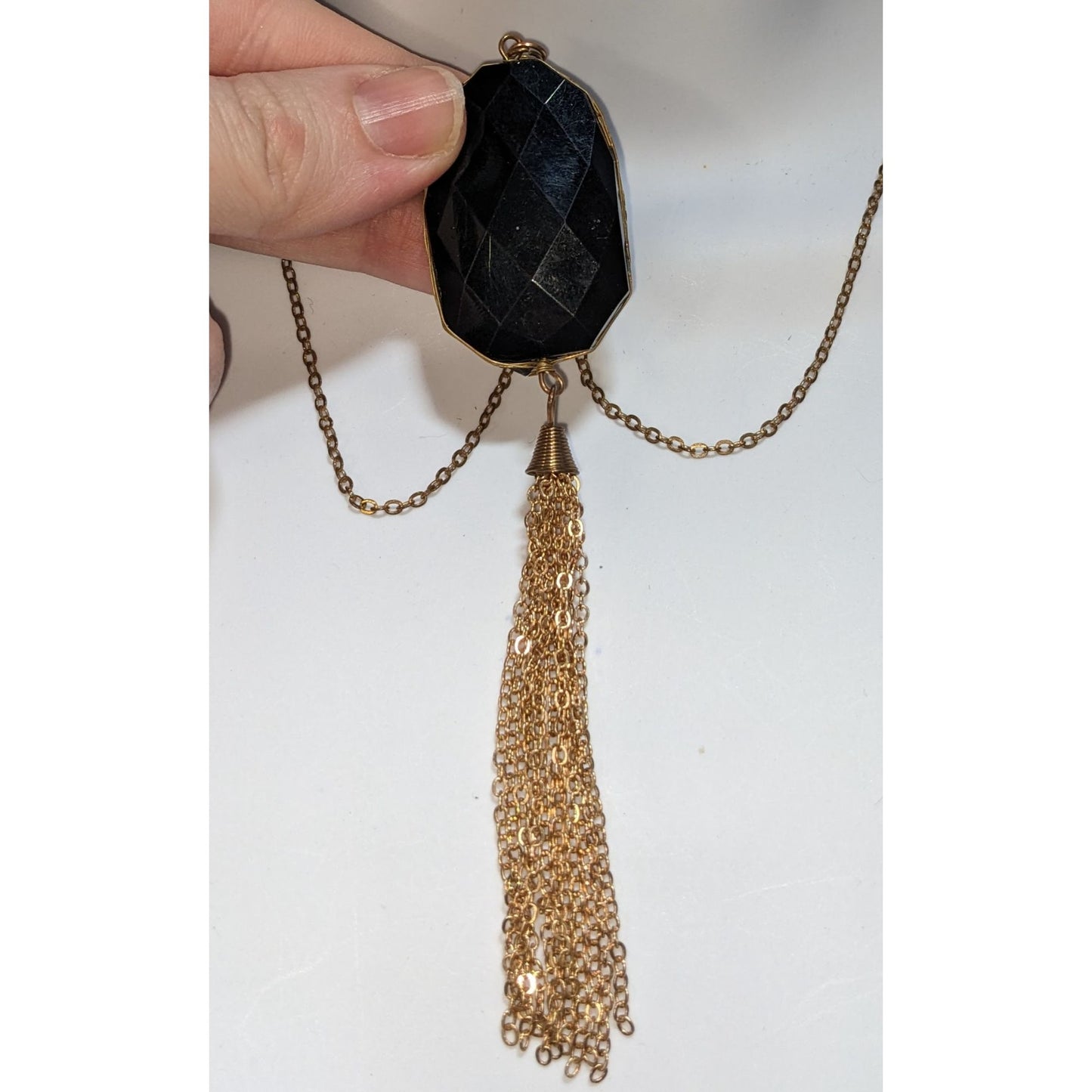 Black Faceted Stone Tassel Necklace Gold Tone Statement Pendant Boho Glam Jewelry
