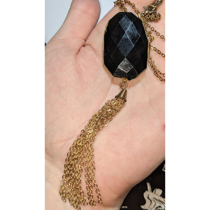 Black Faceted Stone Tassel Necklace Gold Tone Statement Pendant Boho Glam Jewelry