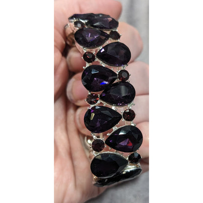 Elegant Glam Goth Teardrop Stretch Statement Bracelet With Red And Purple Gems