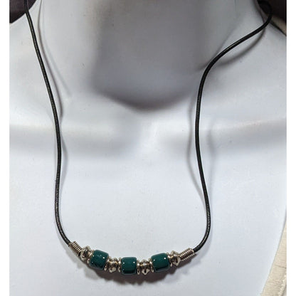 90s Style Teal And Silver Tone Beaded Necklace