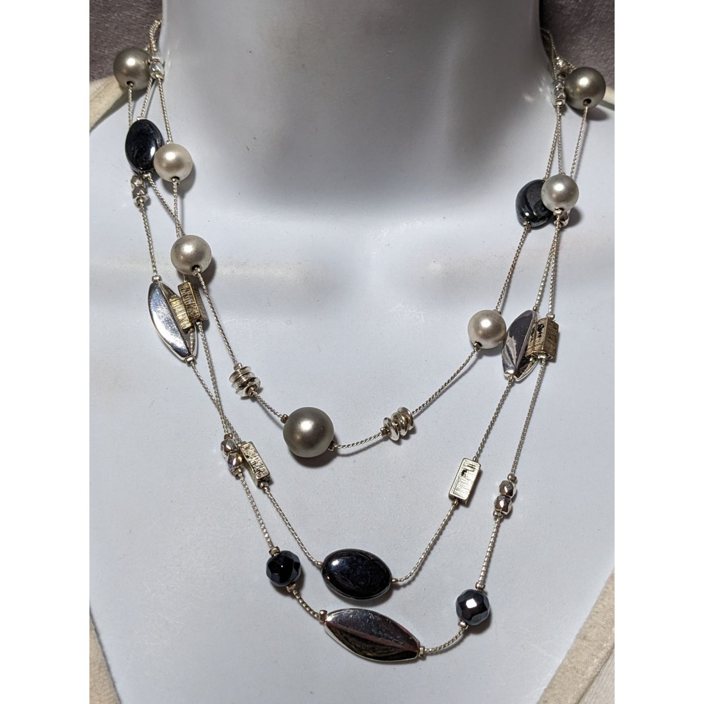 Y2K Multilayer Beaded Silver Station Necklace