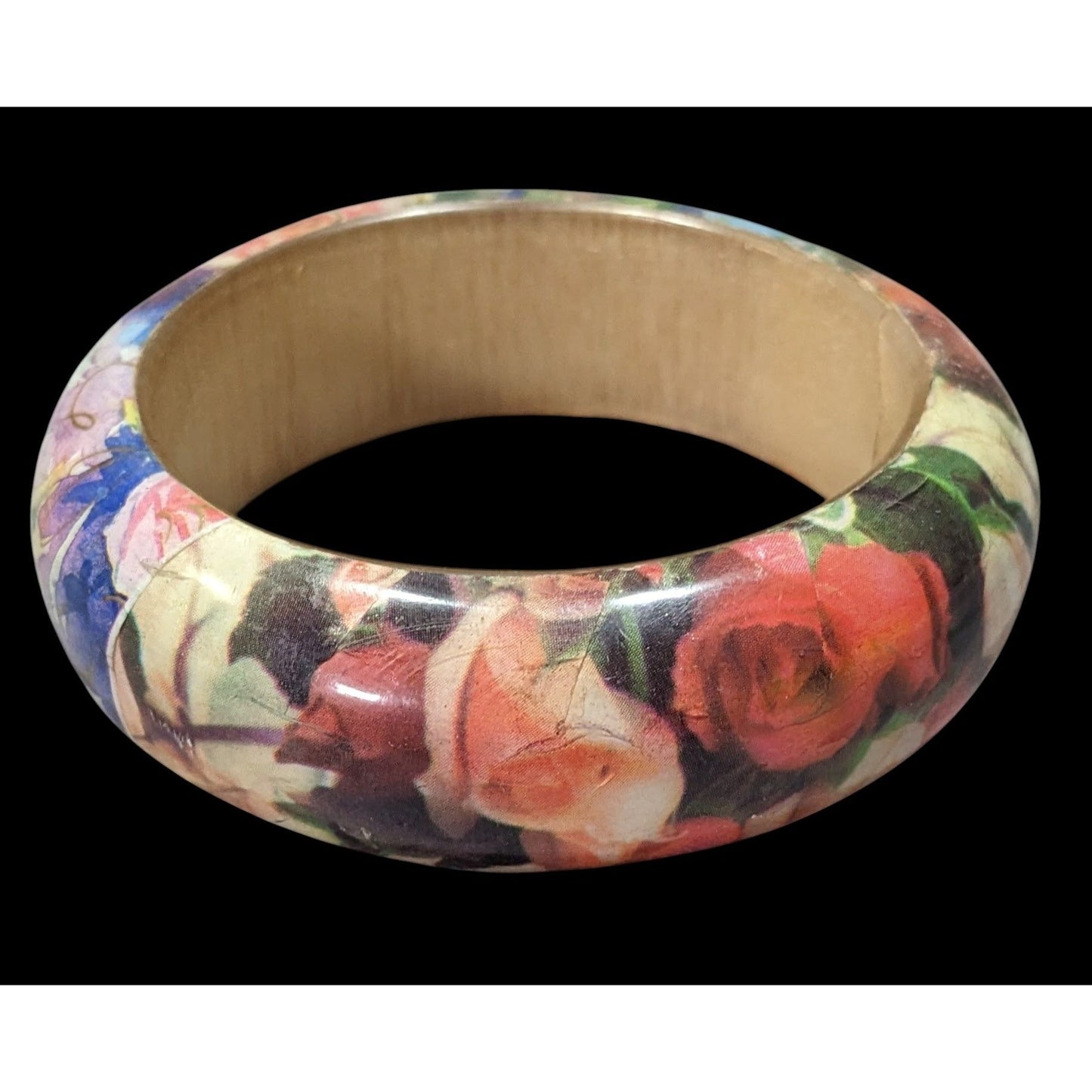 90s Romantic Floral Decoupage Chunky Bangle Bracelet