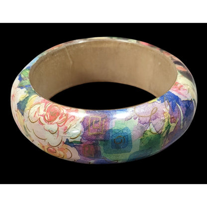 90s Romantic Floral Decoupage Chunky Bangle Bracelet