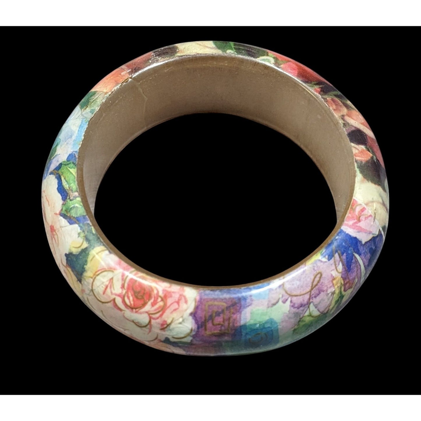 90s Romantic Floral Decoupage Chunky Bangle Bracelet