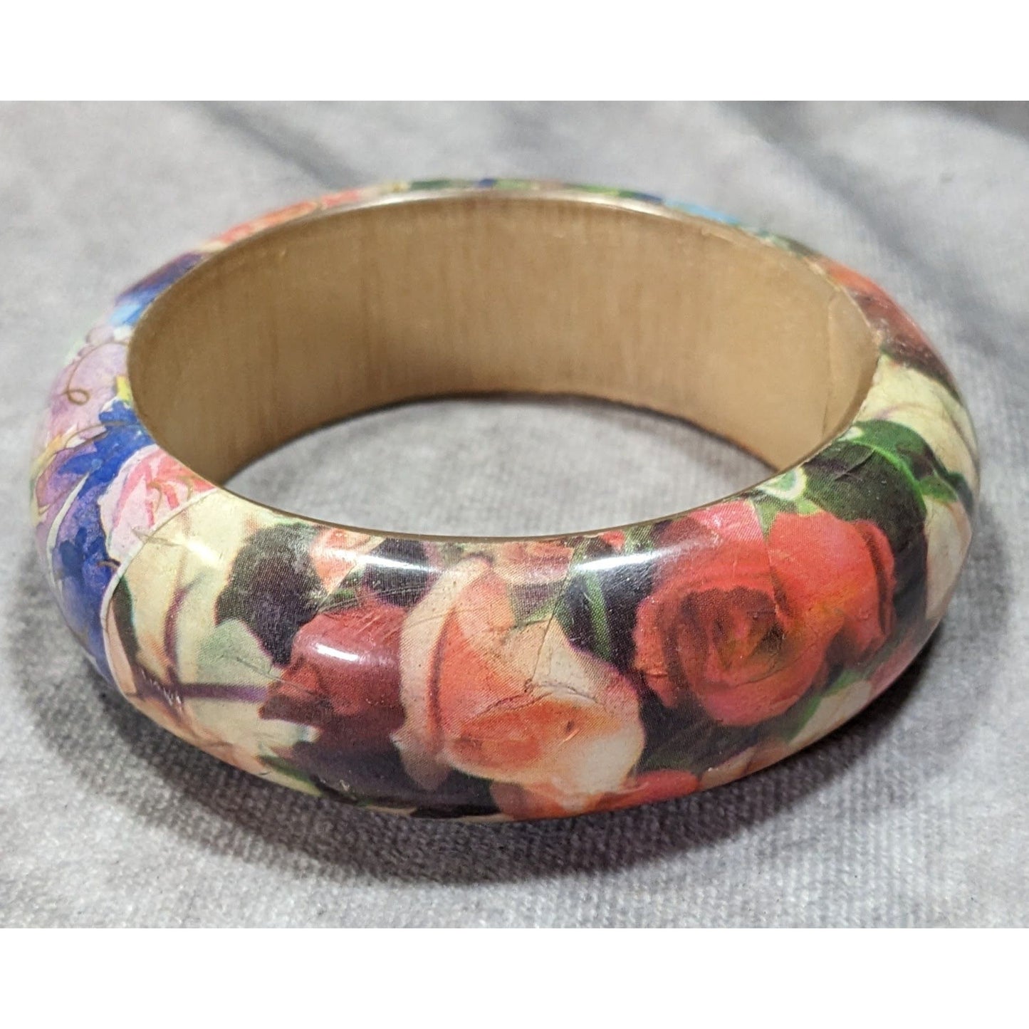 90s Romantic Floral Decoupage Chunky Bangle Bracelet