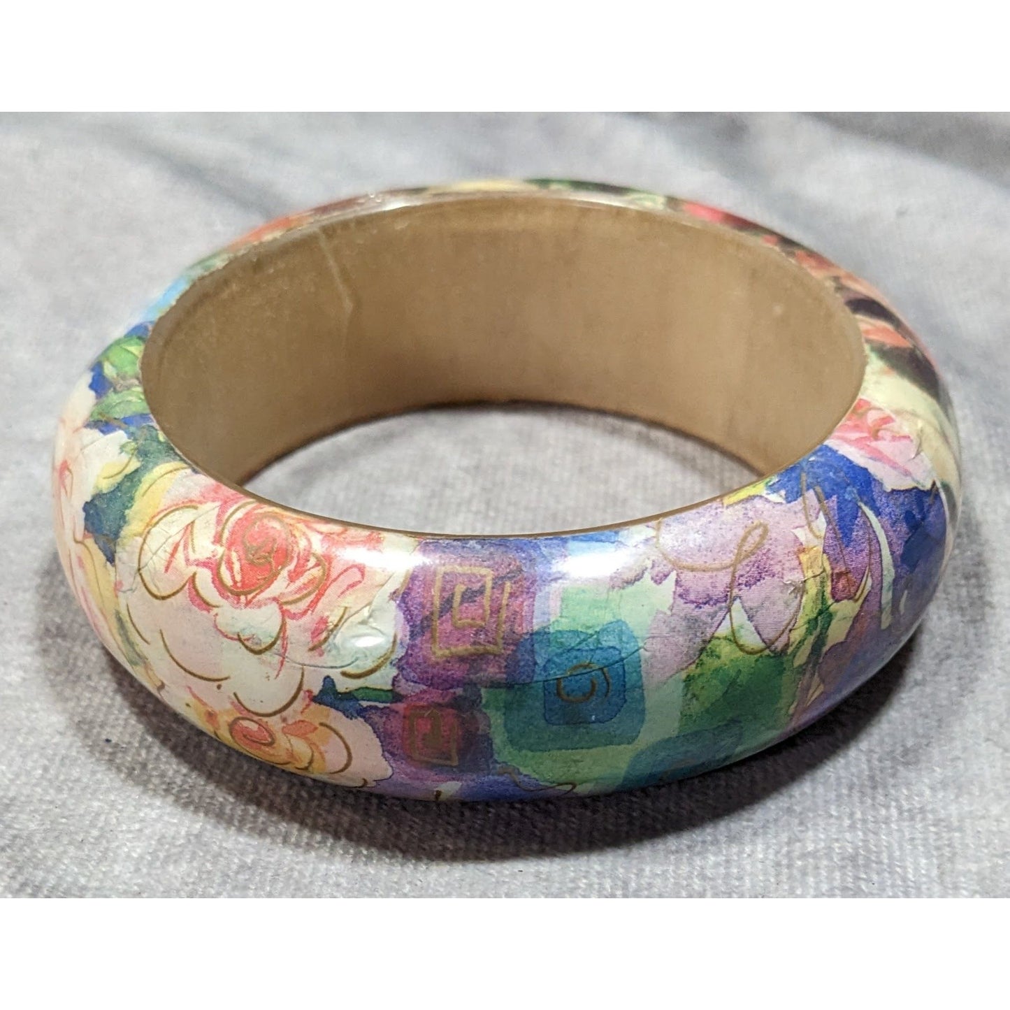 90s Romantic Floral Decoupage Chunky Bangle Bracelet