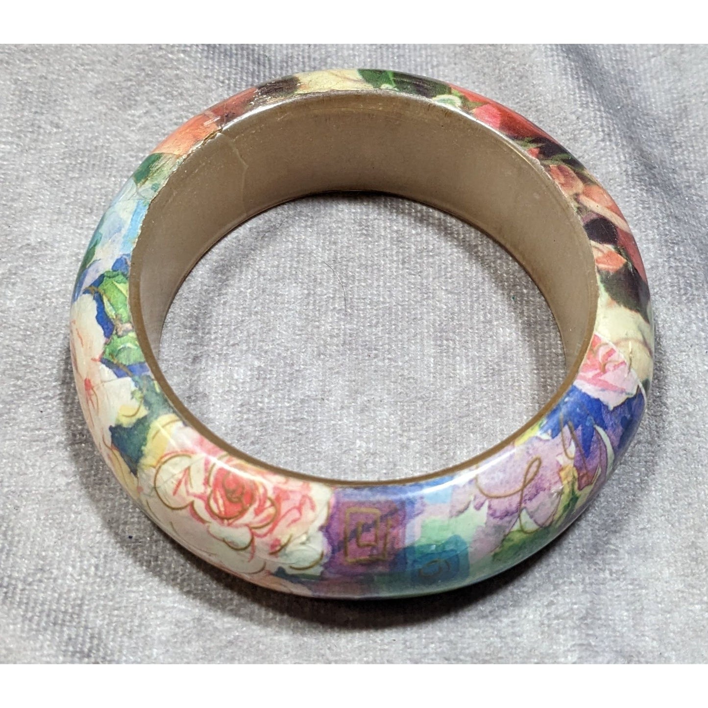 90s Romantic Floral Decoupage Chunky Bangle Bracelet