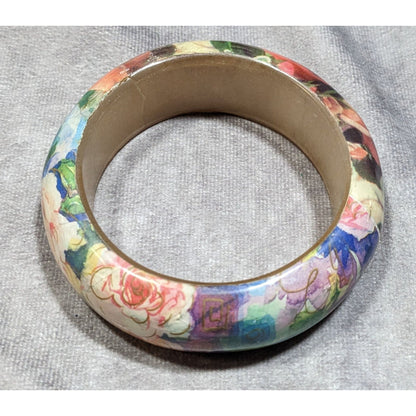90s Romantic Floral Decoupage Chunky Bangle Bracelet