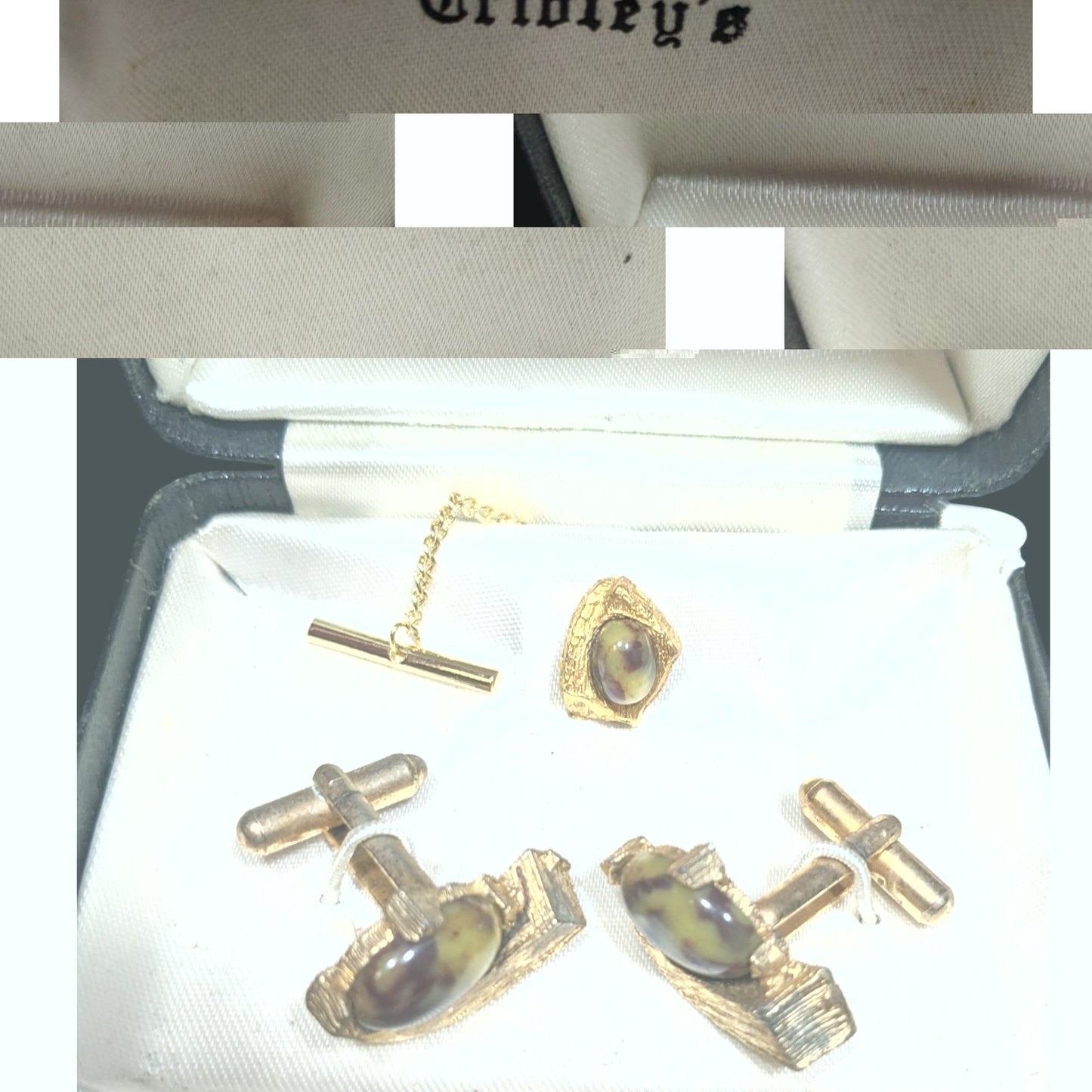 Tribley's Vintage Cuff Link And Tie Tack Set Gold Tone With Natural Stones