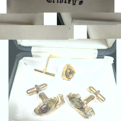 Tribley's Vintage Cuff Link And Tie Tack Set Gold Tone With Natural Stones