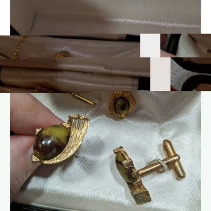 Tribley's Vintage Cuff Link And Tie Tack Set Gold Tone With Natural Stones