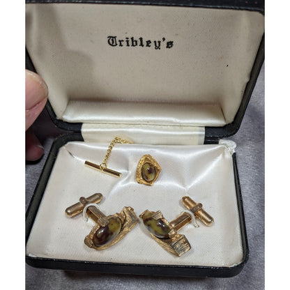 Tribley's Vintage Cuff Link And Tie Tack Set Gold Tone With Natural Stones