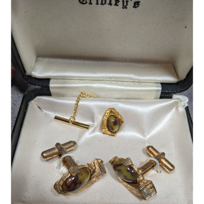 Tribley's Vintage Cuff Link And Tie Tack Set Gold Tone With Natural Stones