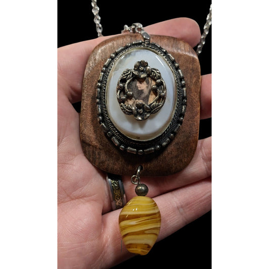 Vintage Handmade Victorian Mixed Media Pendant Necklace