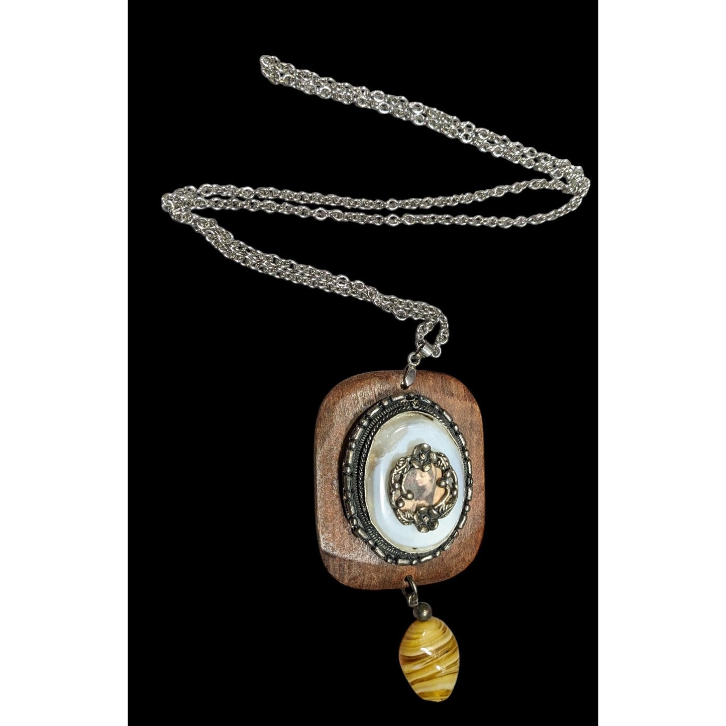 Vintage Handmade Victorian Mixed Media Pendant Necklace