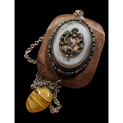 Vintage Handmade Victorian Mixed Media Pendant Necklace
