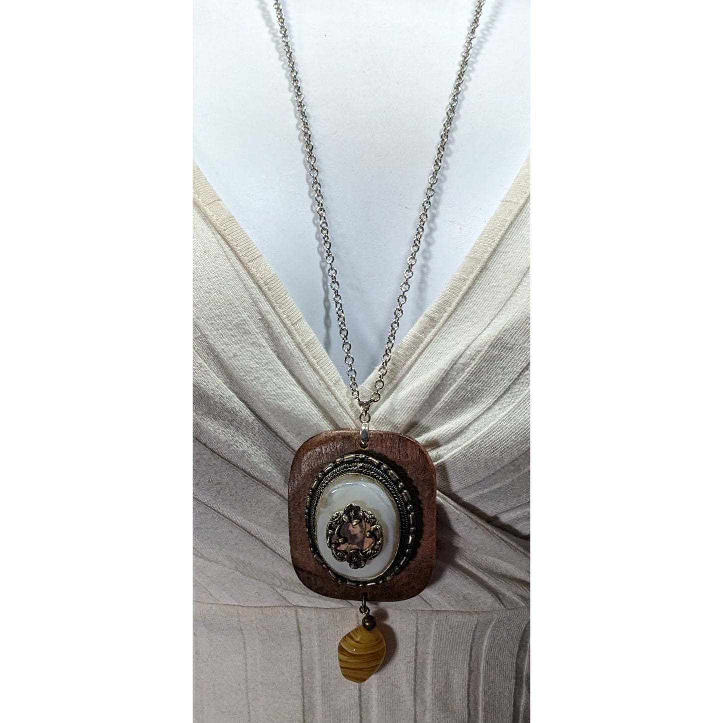 Vintage Handmade Victorian Mixed Media Pendant Necklace
