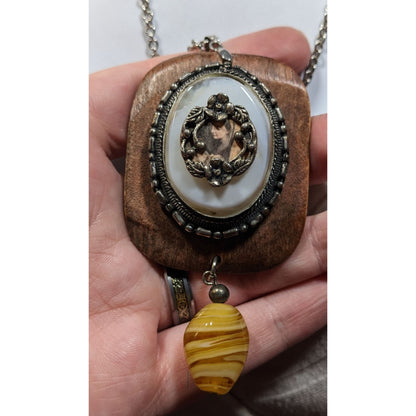 Vintage Handmade Victorian Mixed Media Pendant Necklace