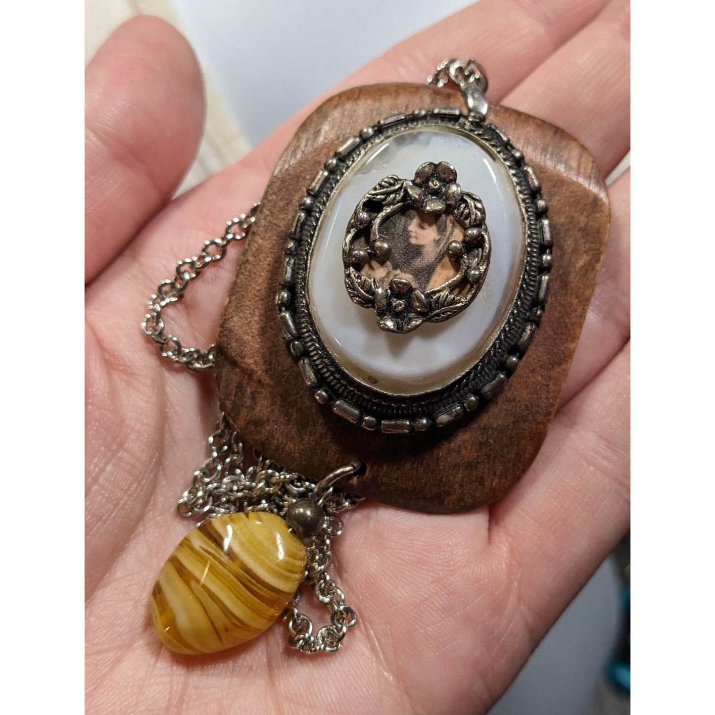 Vintage Handmade Victorian Mixed Media Pendant Necklace