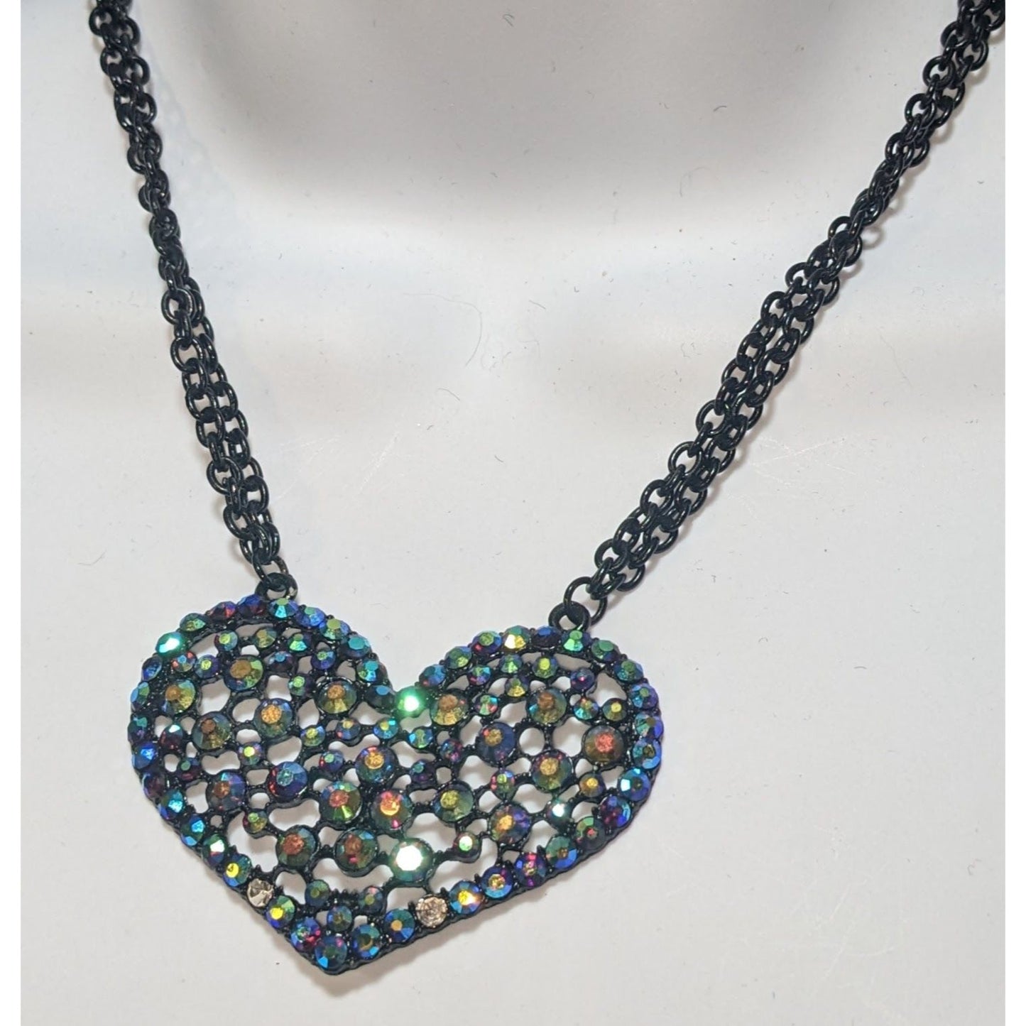 Claire's Black Filigree Heart Necklace AB Rhinestones Goth Emo Y2K Pendant