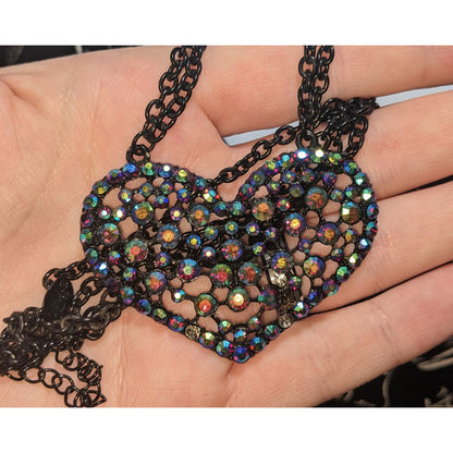 Claire's Black Filigree Heart Necklace AB Rhinestones Goth Emo Y2K Pendant