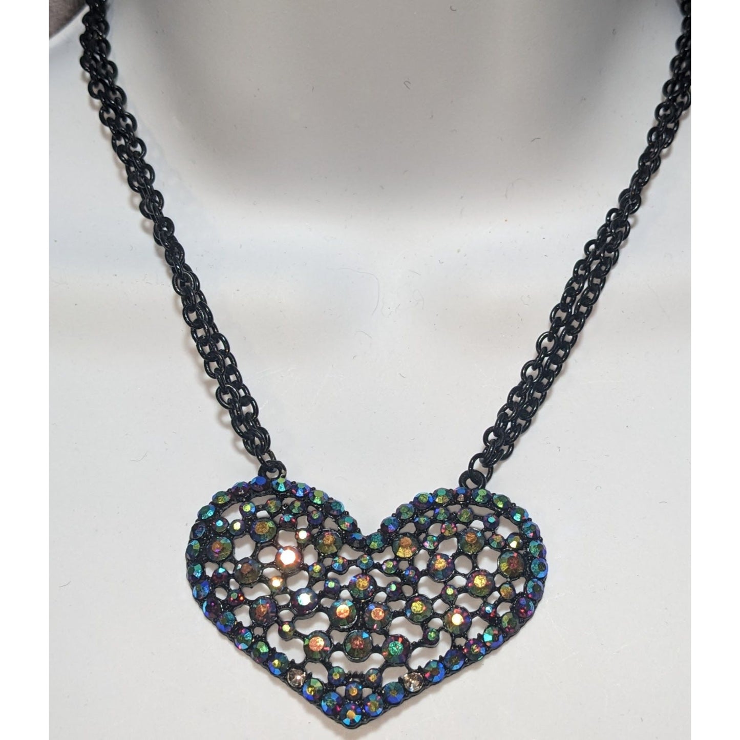 Claire's Black Filigree Heart Necklace AB Rhinestones Goth Emo Y2K Pendant