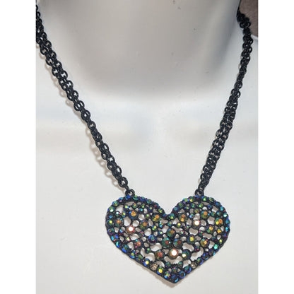 Claire's Black Filigree Heart Necklace AB Rhinestones Goth Emo Y2K Pendant