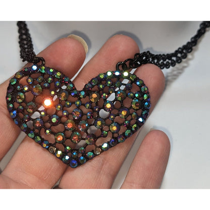 Claire's Black Filigree Heart Necklace AB Rhinestones Goth Emo Y2K Pendant
