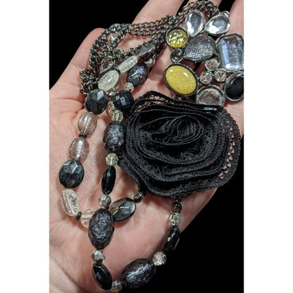NY Floral Glam Beaded Statement Necklace With Lace Flower