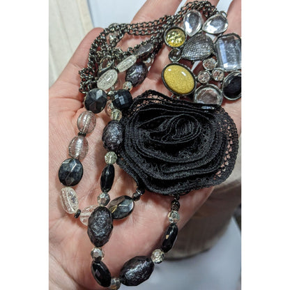 NY Floral Glam Beaded Statement Necklace With Lace Flower
