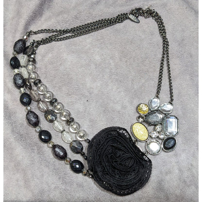 NY Floral Glam Beaded Statement Necklace With Lace Flower