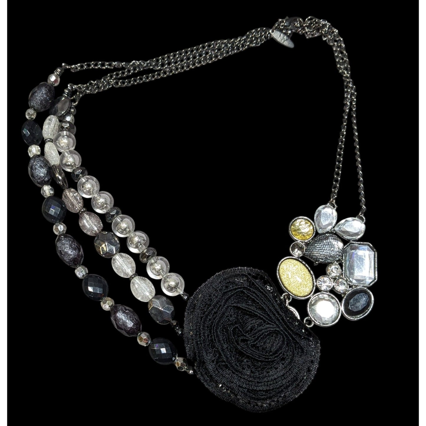 NY Floral Glam Beaded Statement Necklace With Lace Flower