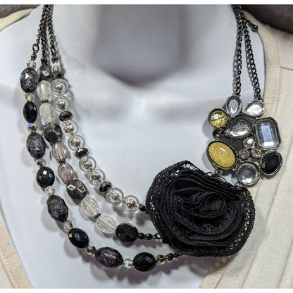 NY Floral Glam Beaded Statement Necklace With Lace Flower