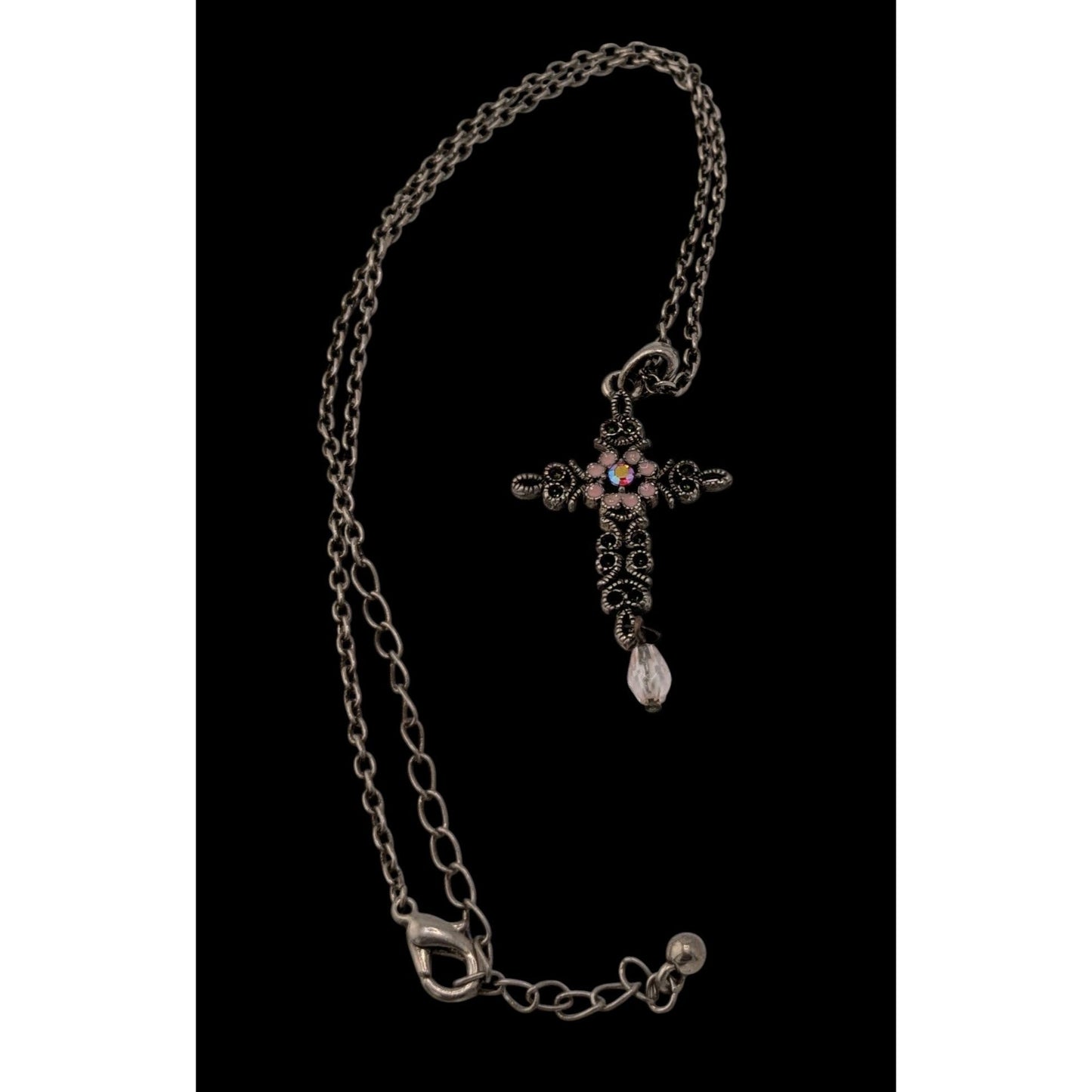 Vintage Whimsygoth Floral Cross Necklace Pink And Silver Tone