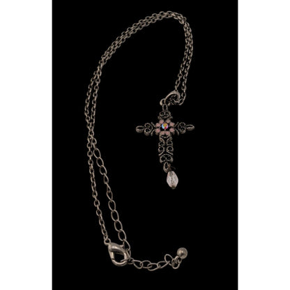 Vintage Whimsygoth Floral Cross Necklace Pink And Silver Tone