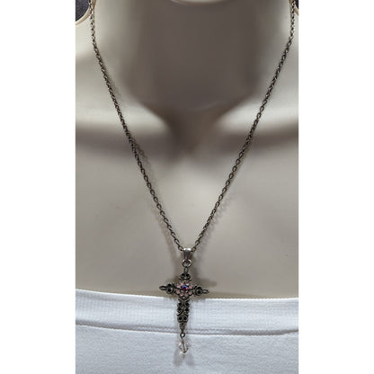 Vintage Whimsygoth Floral Cross Necklace Pink And Silver Tone