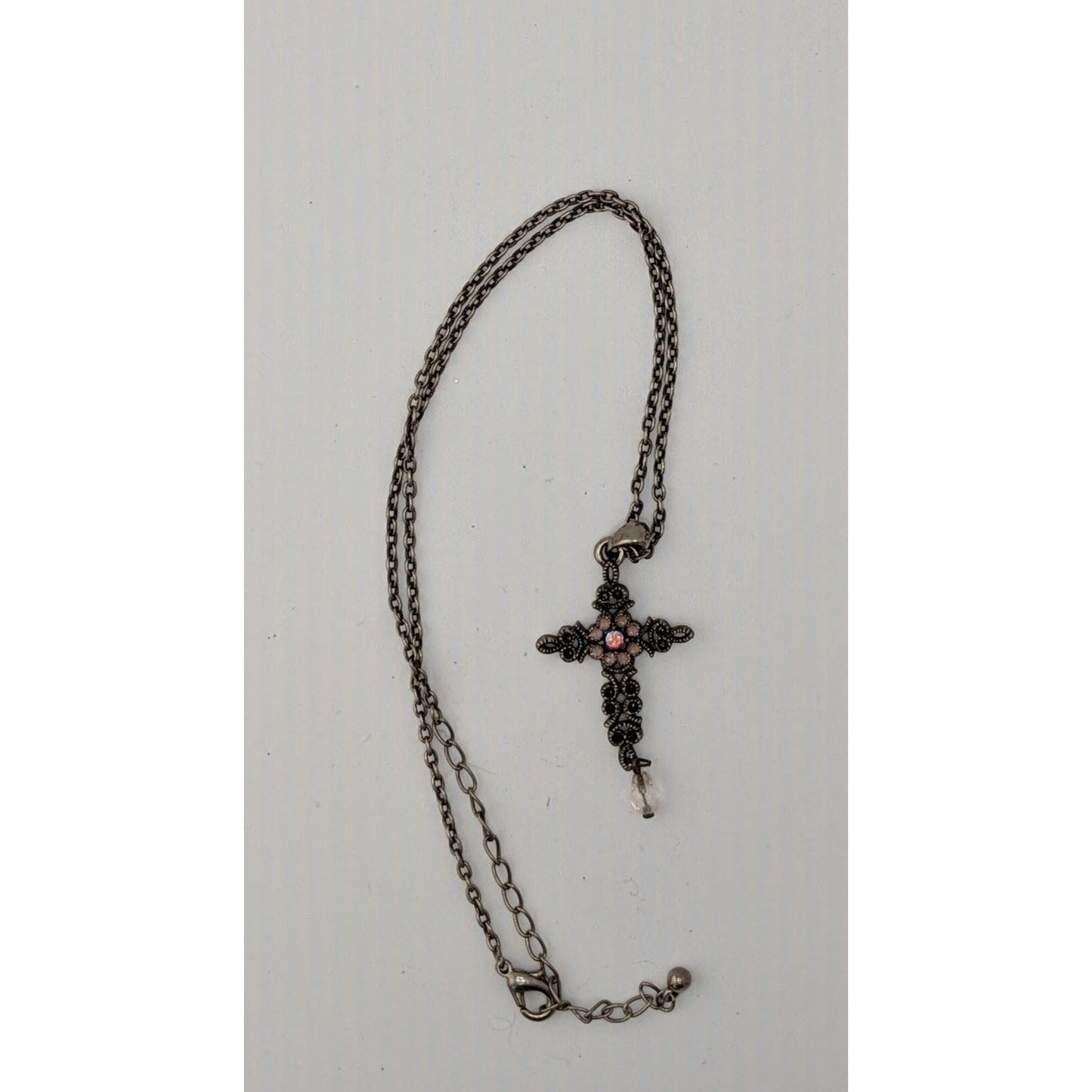 Vintage Whimsygoth Floral Cross Necklace Pink And Silver Tone