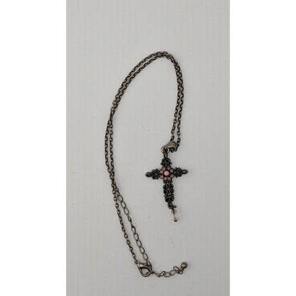 Vintage Whimsygoth Floral Cross Necklace Pink And Silver Tone