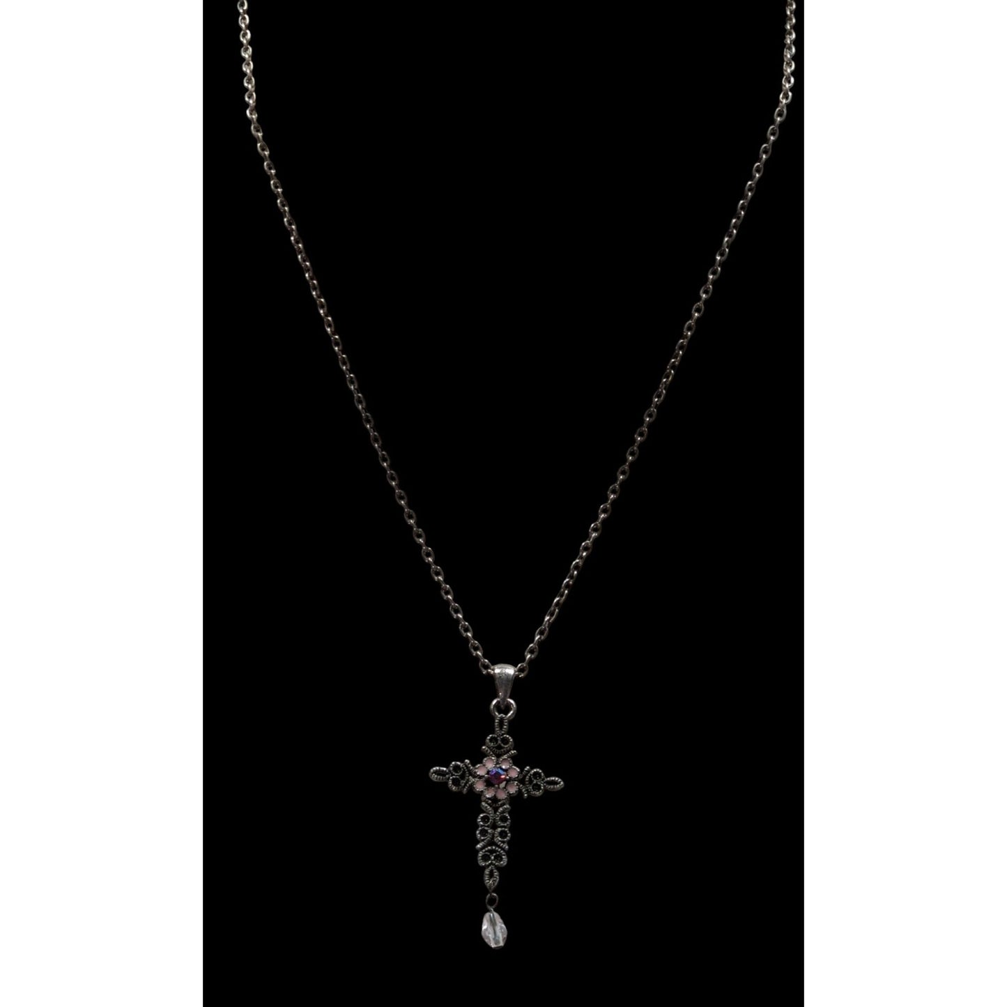 Vintage Whimsygoth Floral Cross Necklace Pink And Silver Tone