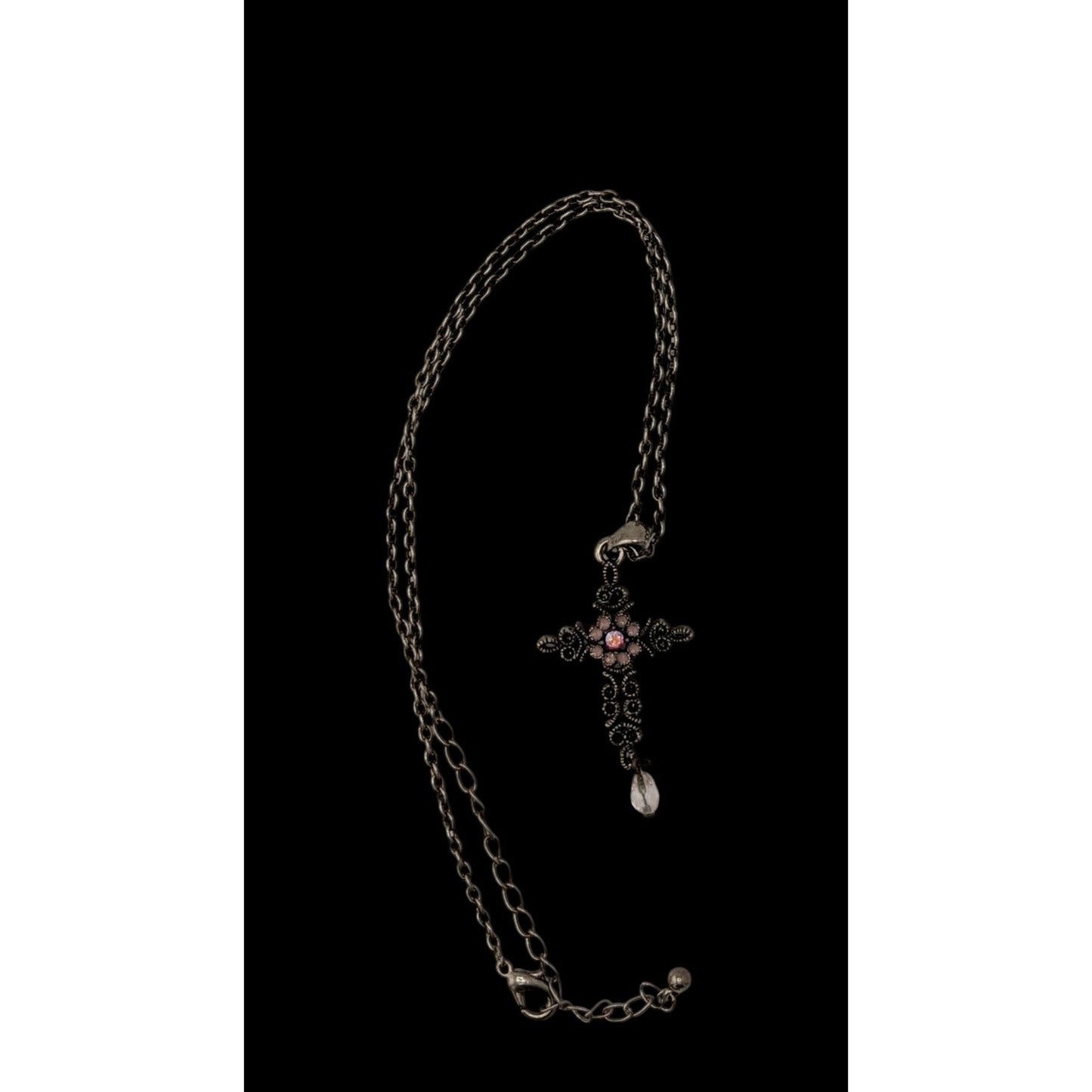 Vintage Whimsygoth Floral Cross Necklace Pink And Silver Tone