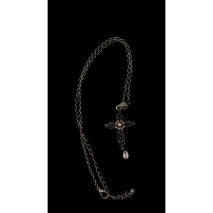 Vintage Whimsygoth Floral Cross Necklace Pink And Silver Tone
