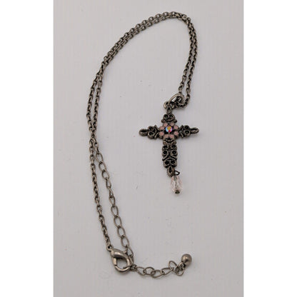 Vintage Whimsygoth Floral Cross Necklace Pink And Silver Tone