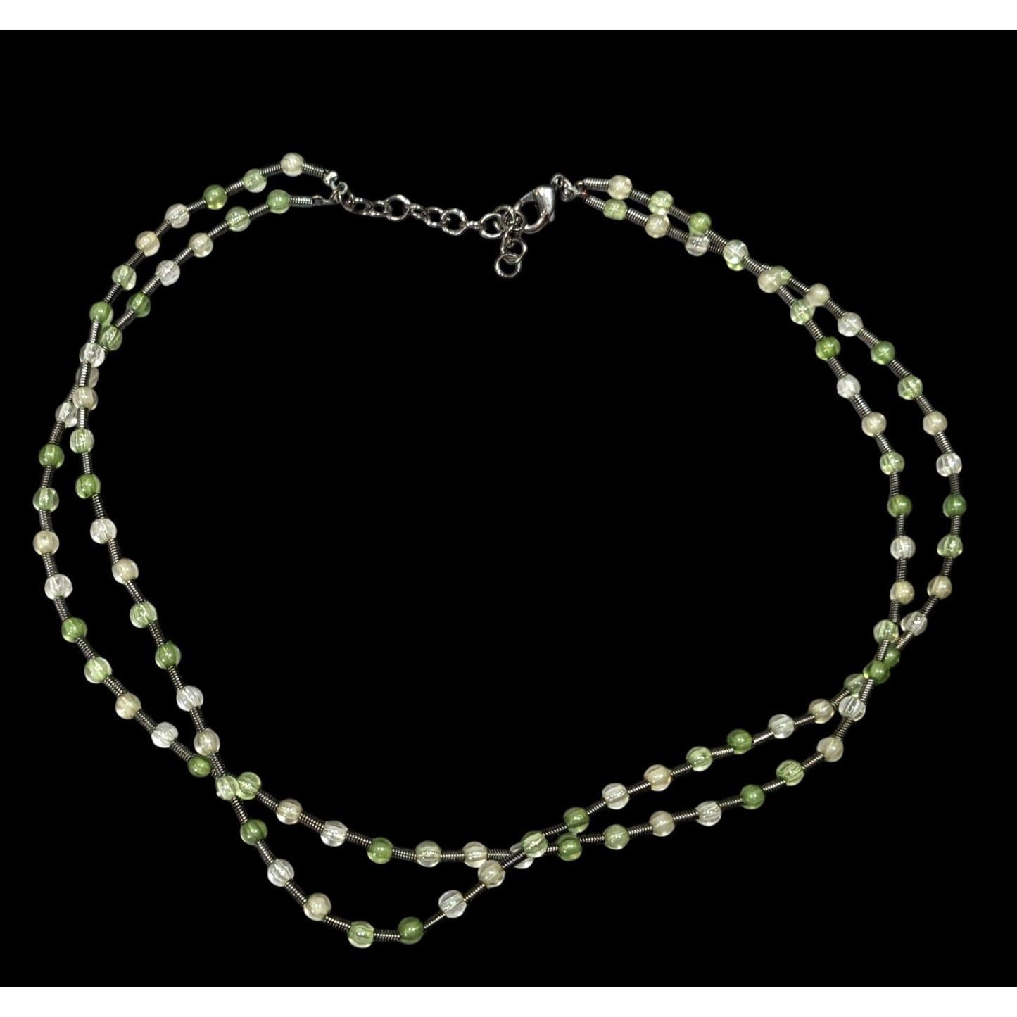 Earthy Clear And Green Glass Necklace With Metal Coil Spacers