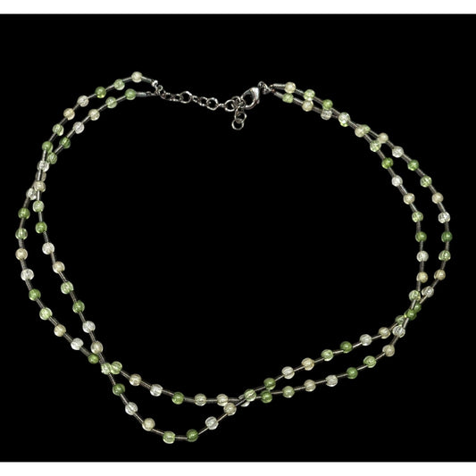 Earthy Clear And Green Glass Necklace With Metal Coil Spacers