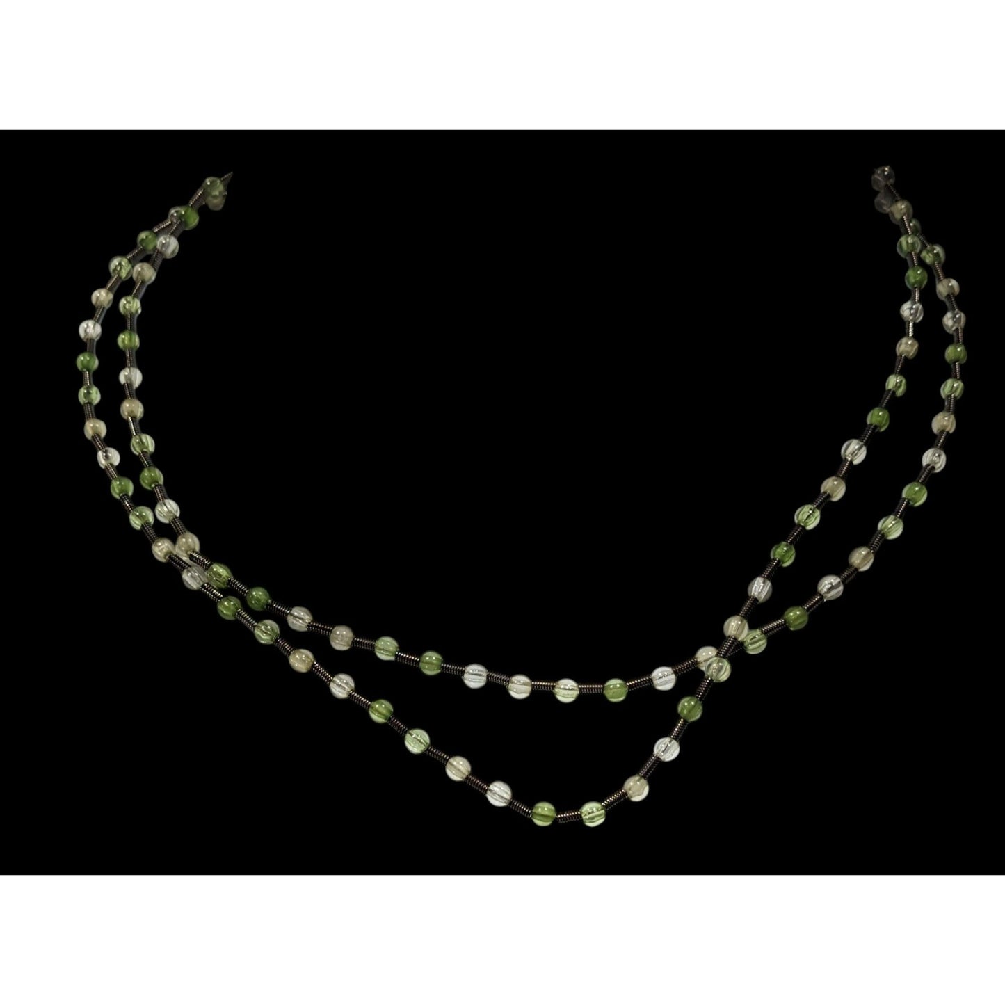 Earthy Clear And Green Glass Necklace With Metal Coil Spacers