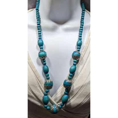 Vintage Bohemian Blue Wooden Beaded Necklace With Ornate Silver Tone Accents