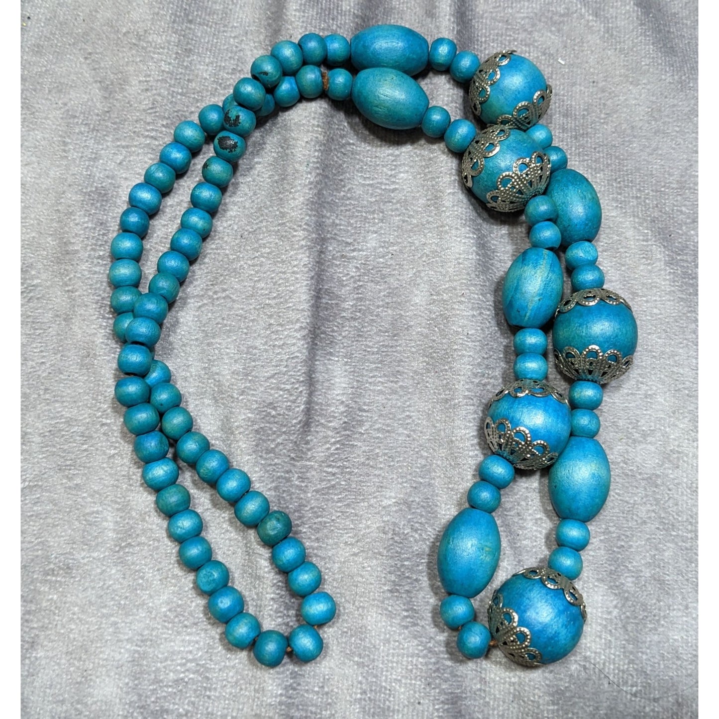 Vintage Bohemian Blue Wooden Beaded Necklace With Ornate Silver Tone Accents
