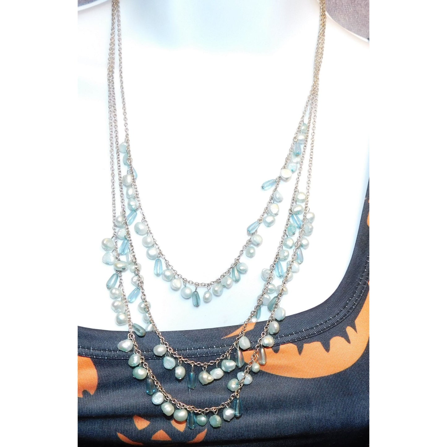 Whimsical Light Blue Pearl Beaded Layered Necklace