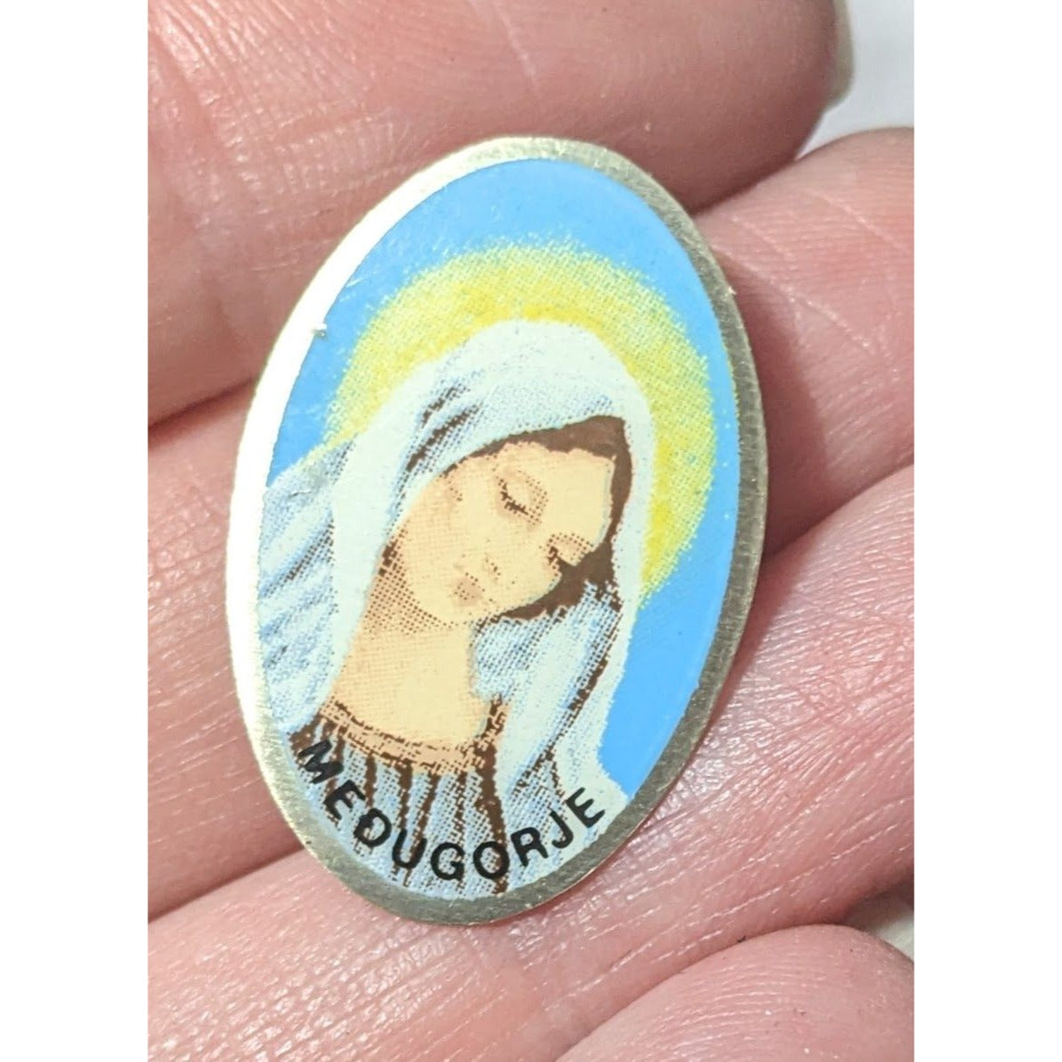 Vintage 80s Religious Medugorje Silver Tone Pin With Printed Graphic Front